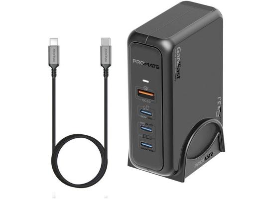 Promate GaNPort-140W Super-Speed GaNFast Charging Station with Power Delivery 3.1 & Quick Charge 3.0, Adaptive Fast Charging, Safety Protection, AC Power Cord, Black